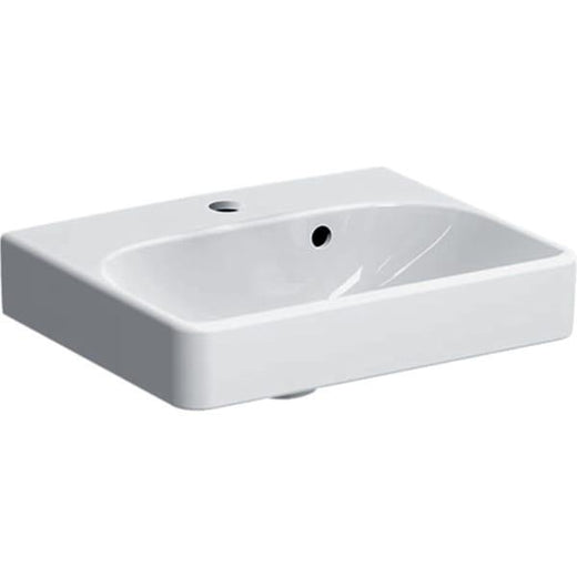 Asimetrik taşmalıklı Geberit Smyle Square küçük lavabo: Beyaz, B=45cm, H=16cm, T=36cm, Batarya deliği=Orta, Taşma deliği=Görünür