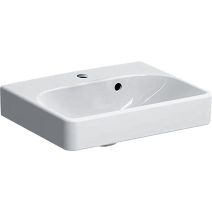 Asimetrik taşmalıklı Geberit Smyle Square küçük lavabo: Beyaz, B=45cm, H=16cm, T=36cm, Batarya deliği=Orta, Taşma deliği=Görünür