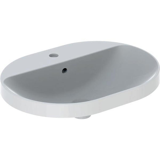 Geberit VariForm eliptik çanak lavabo, batarya banklı: B=60cm, T=45cm, Batarya deliği=Orta, Taşma deliği=Görünür, Beyaz