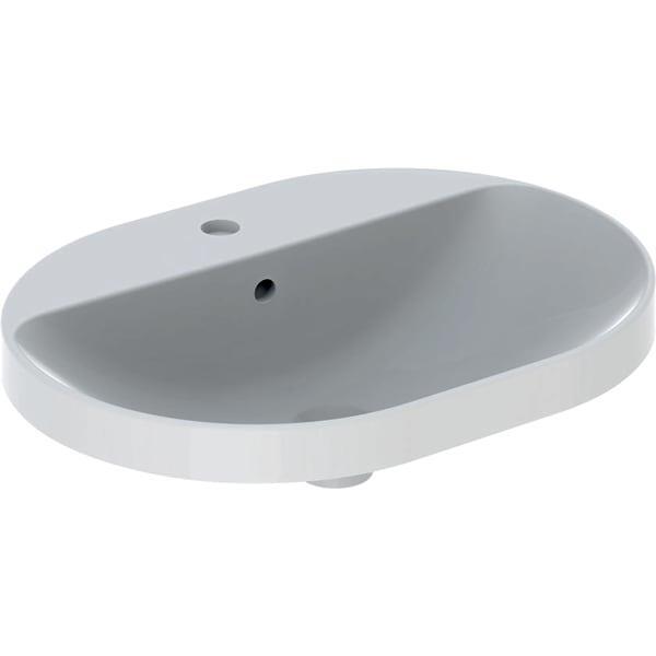 Geberit VariForm eliptik çanak lavabo, batarya banklı: B=60cm, T=45cm, Batarya deliği=Orta, Taşma deliği=Görünür, Beyaz