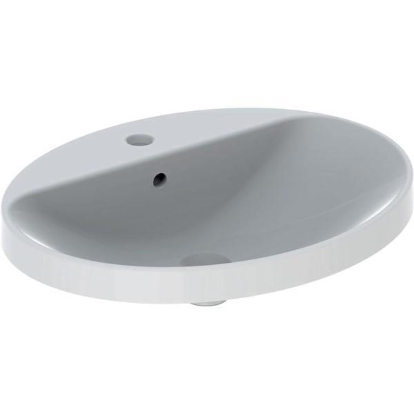 Geberit VariForm oval çanak lavabo, batarya banklı: B=60cm, T=48cm, Batarya deliği=Orta, Taşma deliği=Görünür, Beyaz
