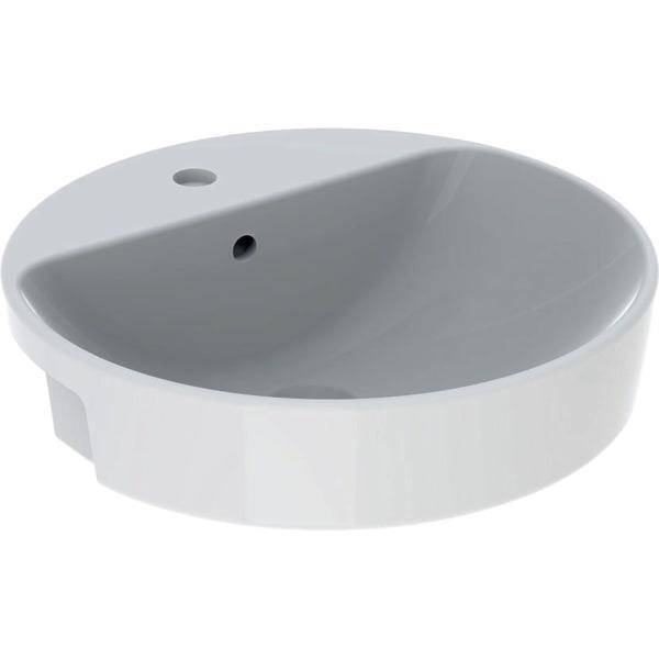 Geberit VariForm yuvarlak yarım tezgah lavabo: D=50cm, Batarya deliği=Orta, Taşma deliği=Görünür, Beyaz