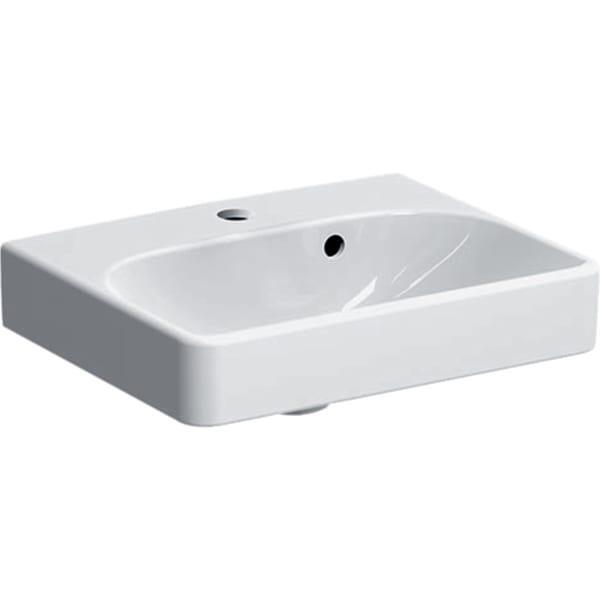Asimetrik taşmalıklı Geberit Smyle Square küçük lavabo: Beyaz, B=45cm, H=16cm, T=36cm, Batarya deliği=Orta, Taşma deliği=Görünür