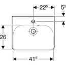 Asimetrik taşmalıklı Geberit Smyle Square küçük lavabo: Beyaz, B=45cm, H=16cm, T=36cm, Batarya deliği=Orta, Taşma deliği=Görünür
