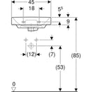 Asimetrik taşmalıklı Geberit Smyle Square küçük lavabo: Beyaz, B=45cm, H=16cm, T=36cm, Batarya deliği=Orta, Taşma deliği=Görünür