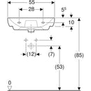Geberit Smyle lavabo: B=55cm, T=48cm, Batarya deliği=Orta, Taşma deliği=Görünür, Beyaz