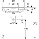Geberit Smyle lavabo: B=60cm, T=48cm, Batarya deliği=Orta, Taşma deliği=Görünür, Beyaz