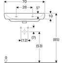 Geberit Smyle lavabo: B=70cm, T=48cm, Batarya deliği=Orta, Taşma deliği=Görünür, Beyaz