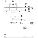 Geberit Smyle Square küçük lavabo: Beyaz, B=50cm, H=16cm, T=41cm, Batarya deliği=Orta, Taşma deliği=Görünür