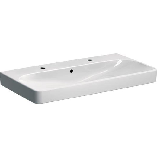 Geberit Smyle Square lavabo: B=90cm, T=48cm, Batarya deliği=Sol ve sağ, Taşma deliği=Görünür, Beyaz