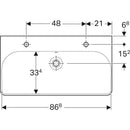 Geberit Smyle Square lavabo: B=90cm, T=48cm, Batarya deliği=Sol ve sağ, Taşma deliği=Görünür, Beyaz
