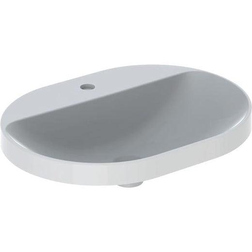 Geberit VariForm eliptik çanak lavabo, batarya banklı: B=60cm, T=45cm, Batarya deliği=Orta, Taşma deliği=Yok, Beyaz