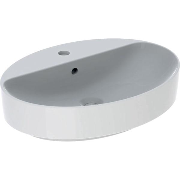 Geberit VariForm oval çanak lavabo, batarya banklı: B=60cm, T=45cm, Batarya deliği=Orta, Taşma deliği=Görünür, Beyaz