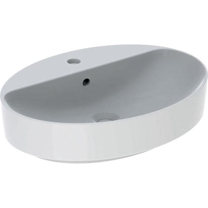 Geberit VariForm oval çanak lavabo, batarya banklı: B=60cm, T=45cm, Batarya deliği=Orta, Taşma deliği=Görünür, Beyaz