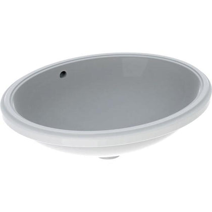 Geberit VariForm oval tezgah altı lavabo: B1=50cm, T=46cm, Batarya deliği=Yok, Taşma deliği=Görünür, Beyaz