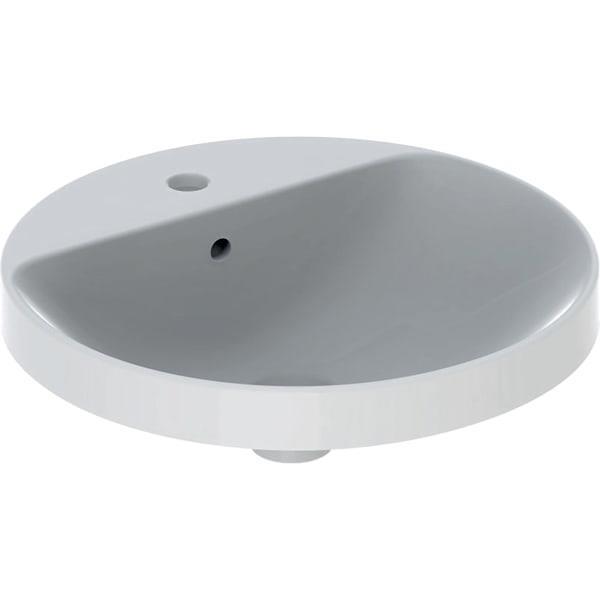 Geberit VariForm yuvarlak tezgah üstü lavabo, batarya banklı: D=48cm, Batarya deliği=Orta, Taşma deliği=Görünür, Beyaz