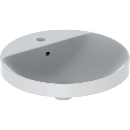 Geberit VariForm yuvarlak tezgah üstü lavabo, batarya banklı: D=48cm, Batarya deliği=Orta, Taşma deliği=Görünür, Beyaz