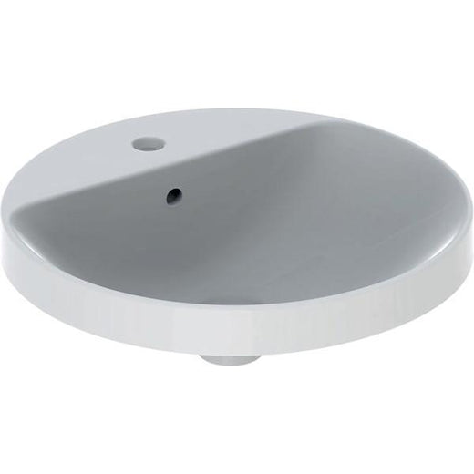 Geberit VariForm yuvarlak tezgah üstü lavabo, batarya banklı: D=48cm, Batarya deliği=Orta, Taşma deliği=Görünür, Beyaz