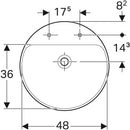 Geberit VariForm yuvarlak yarım tezgah lavabo: D=50cm, Batarya deliği=Sol ve sağ, Taşma deliği=Görünür, Beyaz