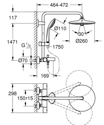 Grohe Duvara Monte Termostatik Banyo Bataryalı Duş Sistemi - 27475001 - 2