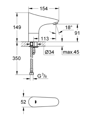 Grohe Europlus E Fotoselli Lavabo Bataryası, Tek Su Girişli - 36208001 - 2