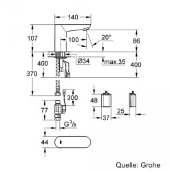 Grohe Euroeco Cosmopolitan E Fotoselli Lavabo Bataryası, Tek Su Girişli - 36271000 - 2