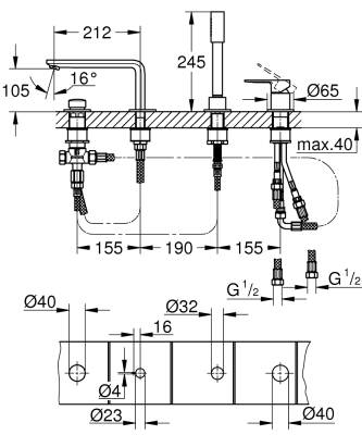 Grohe Lineare Dört Delikli Küvet Bataryası - 19577001 - 2